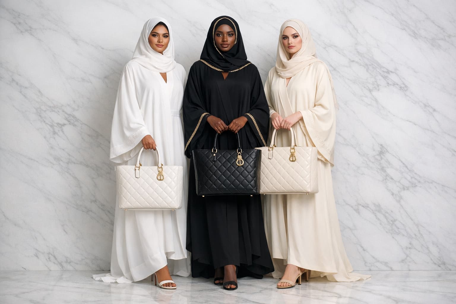 Woman wearing black premium minimalist abaya with gold details in white studio