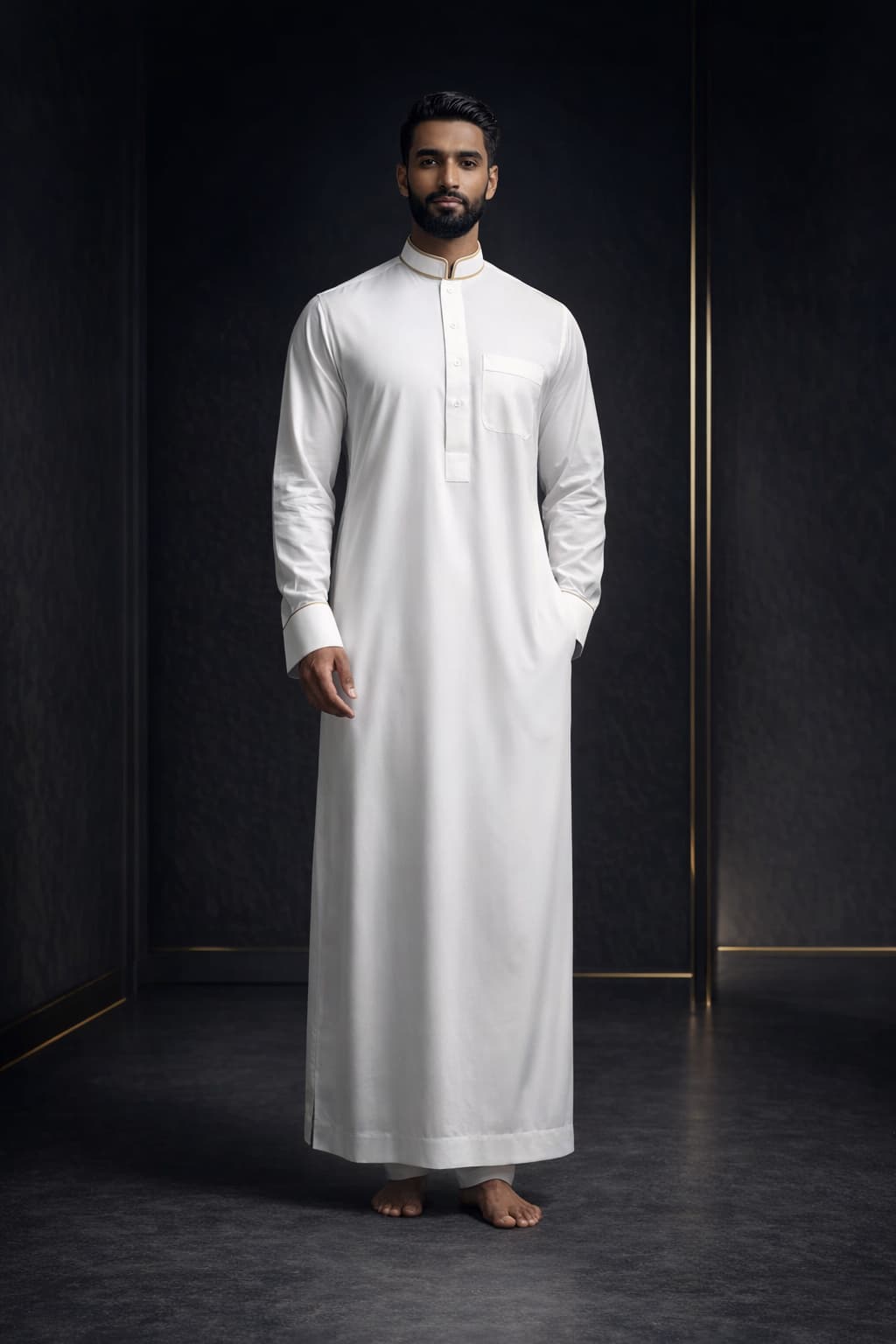 Brown-skinned Muslim man in white premium Lebas thobe