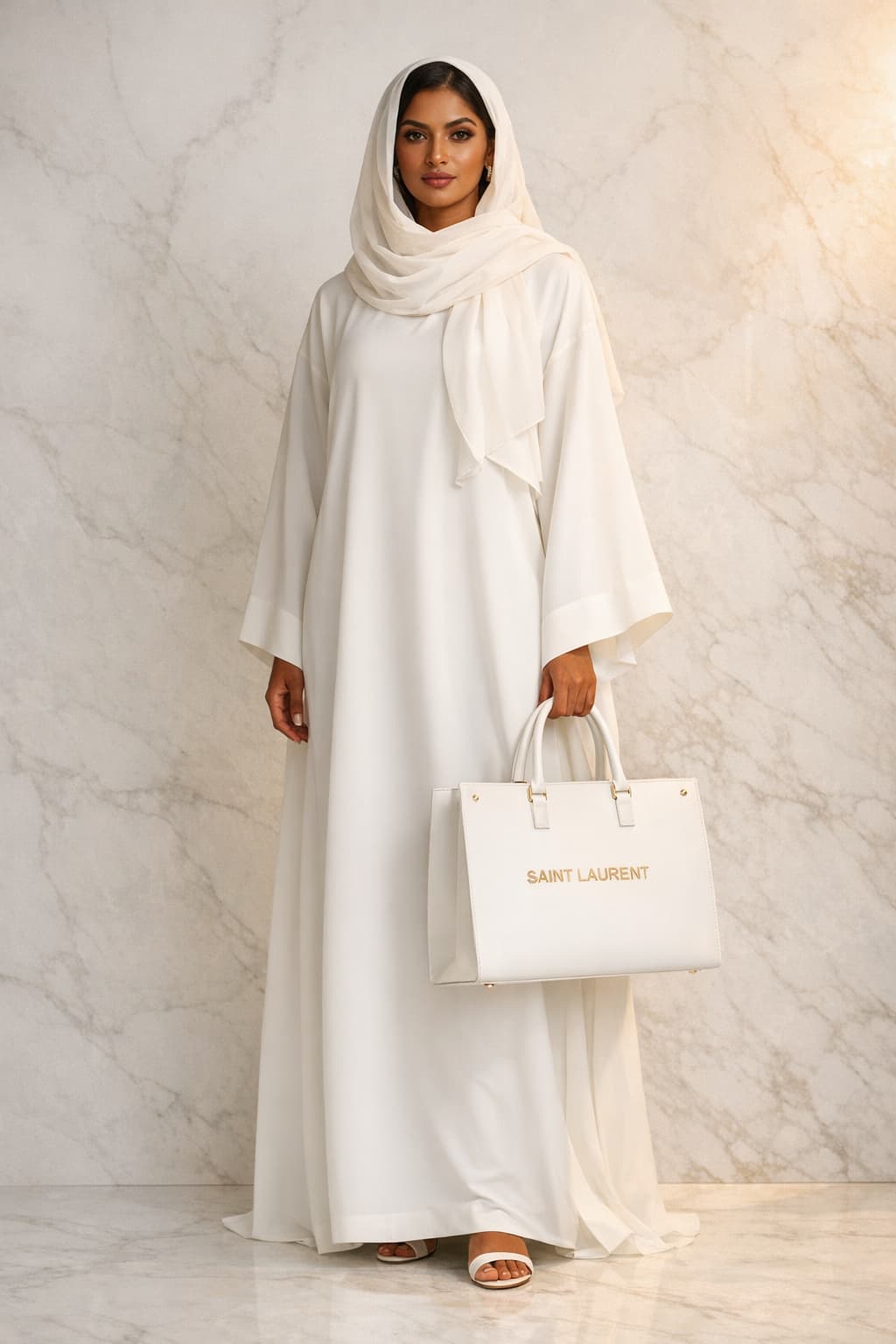 Brown-skinned Muslim woman in white abaya with white headscarf and luxury tote