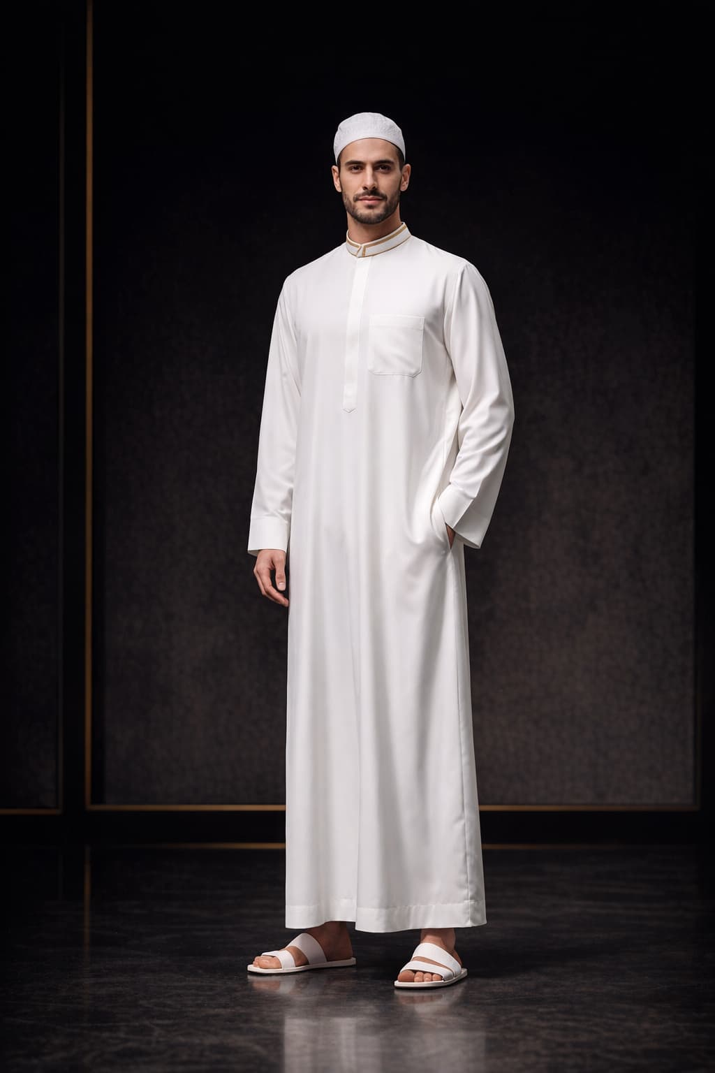 White-skinned Muslim man in white premium Lebas thobe