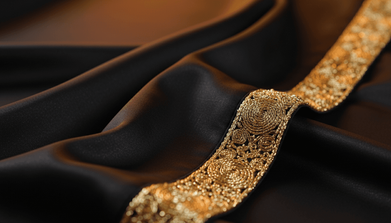 Close-up of premium black abaya fabric with gold detailing showing luxury craftsmanship