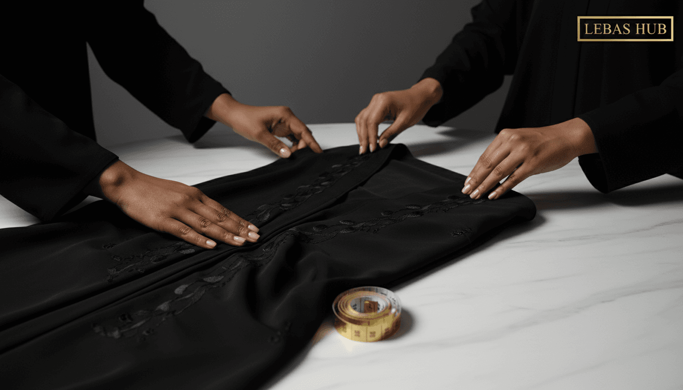 Hands arranging premium black minimalist abaya with careful attention to detail