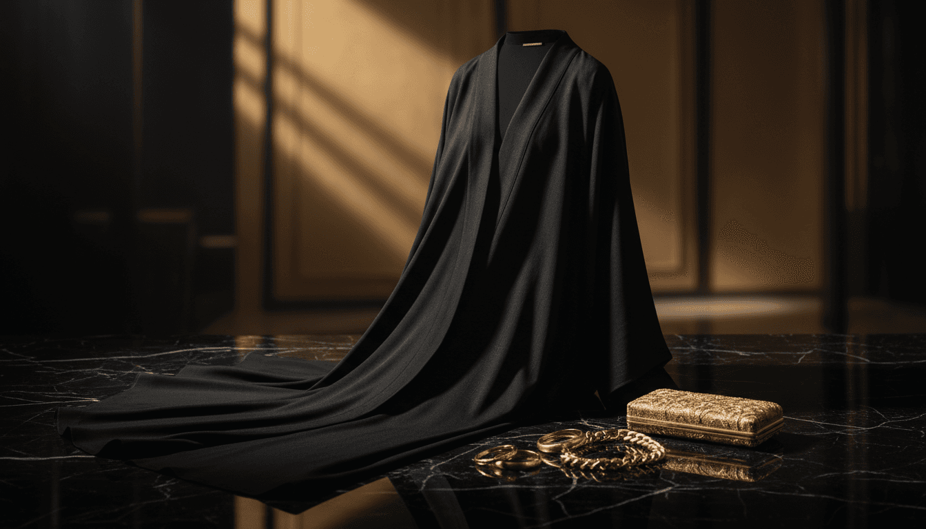 Premium minimalist abaya displayed on black marble with gold accents in luxury fashion styling