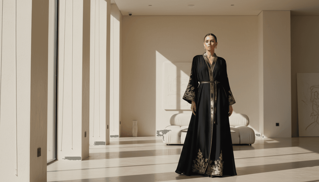 Woman in premium black abaya with gold accents in minimalist luxury setting