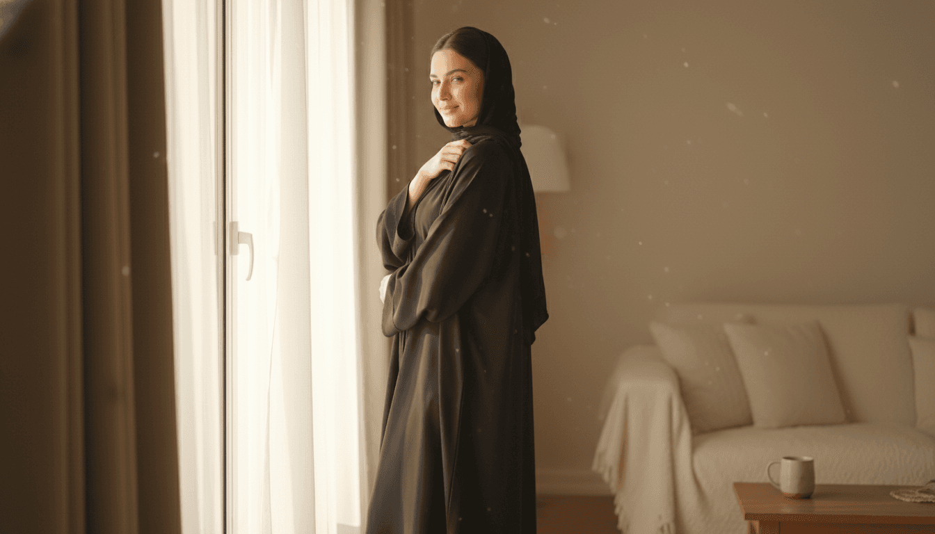 Woman comfortably wearing abaya in natural light