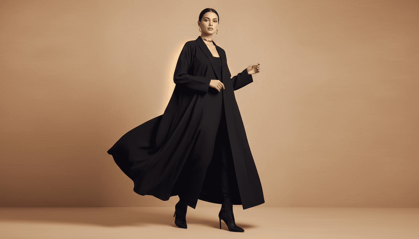 Woman wearing minimalist black abaya showcasing elegant design
